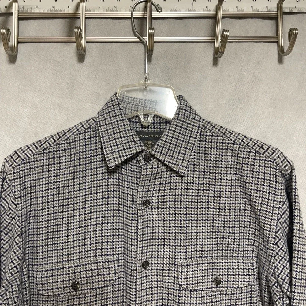 Banana Republic Shirt Men S Gray Houndstooth Wool Blend Flannel Button Up Cowboy